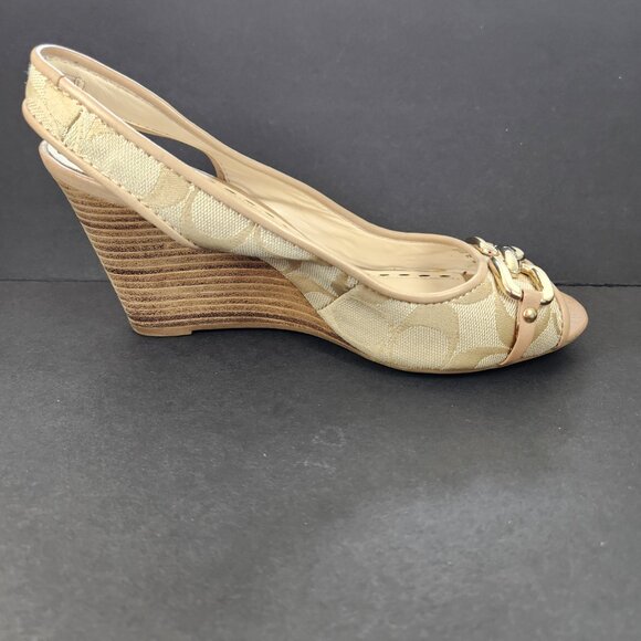 EUC - Coach Cynthia Signature Wedge Peep Toe Sandal Khaki Size 6B - Picture 5 of 16